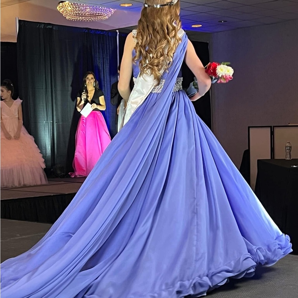 Morgan Jeff Pageant Dress in Periwinkle with Pearl and rhinestone detail - Picture 8 of 9